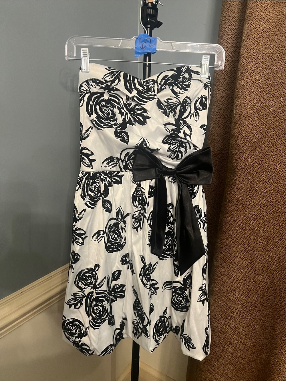 Strapless Black & White Floral Party Dress with Bow Sash